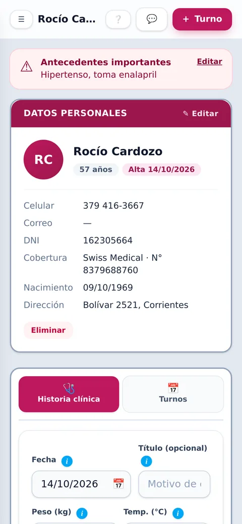 Ficha del paciente con antecedentes y cobertura